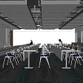 Modern Meeting Room Interior With Long Tables Blue Chairs And Large Windows