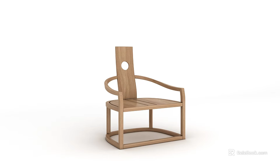 Modern Simple Wooden Leisure Chair With Round Cutout Backrest And Curved Armrests 3d model 