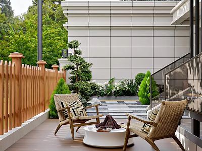 Garden Landscape With Outdoor Patio Wooden Fence Rattan Chairs Fire Pit And Green Plants 3d model