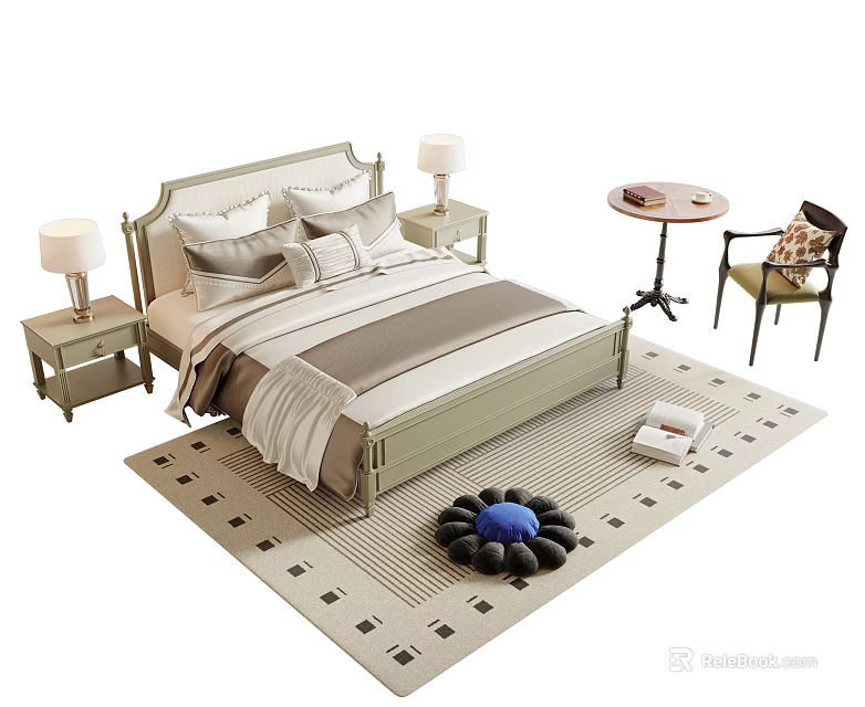 Cozy Modern Double Bed With Pillows Nightstands Table Lamps And Area Rug 3d model 
