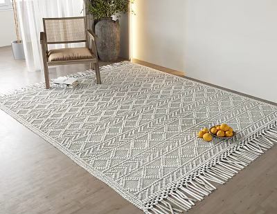 Square Rug With Geometric Design Tassel Edges On Wooden Floor Near Chair Plant Fruit Bowl 3d model
