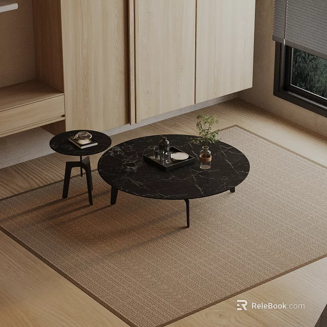 Sofa Coffee Table Set With Black Marble Top Wooden Cabinet And Green Plant On Rug 3d model 