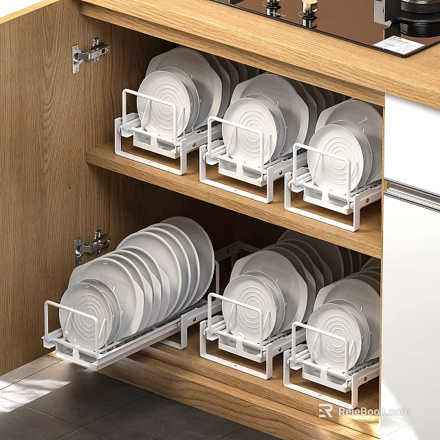 Wooden Kitchen Cabinet Interior With White Plates On Neatly Arranged Dish Racks 3d model 