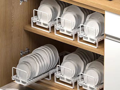 Wooden Kitchen Cabinet Interior With White Plates On Neatly Arranged Dish Racks 3d model