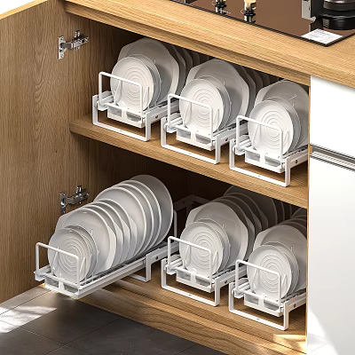 Wooden Kitchen Cabinet Interior With White Plates On Neatly Arranged Dish Racks 3d model