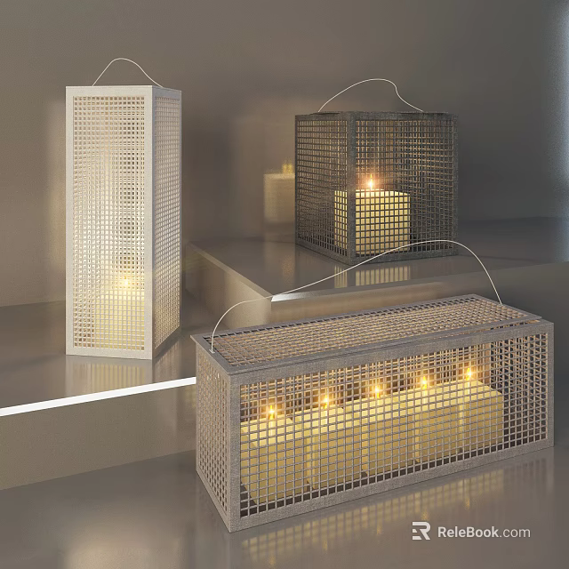 Modern Candle Lanterns with Grid Design and Lit Candles in Various Shapes for Indoor Decoration 3d model 