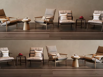 Modern Lounge Chairs With Wooden Frames And Upholstered Cushions On Wooden Floor With Side Tables 3d model