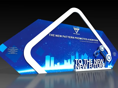 Blue Background Wall with City Skyline Silhouette and White Geometric Frame Promoting New Future Innovation 3d model