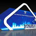 Blue Background Wall with City Skyline Silhouette and White Geometric Frame Promoting New Future Innovation