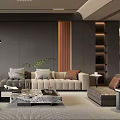 Modern Living Room Interior With Gray Walls Decorative Wallpaper Beige Sofa And Marble Coffee Table
