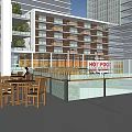 Modern Commercial Street Featuring Retail Shops Pedestrians Benches Fountains and Greenery