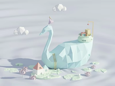 Cartoon Scene With Light Blue Swan House Ladder Clouds Ducks And Lily Pads 3d model