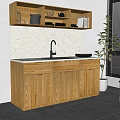 Wooden Sideboard With White Countertop Open Shelves Sink And Green Plant