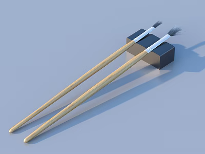 Wooden Handle Art Brushes with Gray Bristles and Black Block on Light Blue Background 3d model