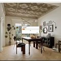 Elegant Restaurant Dining Space With Wooden Table Chairs Decorative Wall Art Patterned Ceiling And Herringbone Floor