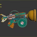 Cartoon Style Teal And Orange Weapon With Mechanical Wheel And Round Component
