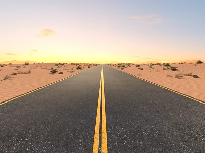 Scenic Desert Road at Sunset with Stretching Highway Sparse Vegetation and Cloudy Sky 3d model