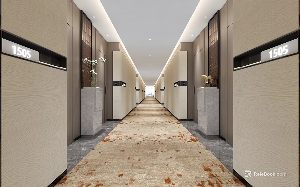 Elegant Hotel Corridor Interior With Patterned Carpet Decorative Vases And Ceiling Lights 3d model 