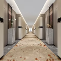 Elegant Hotel Corridor Interior With Patterned Carpet Decorative Vases And Ceiling Lights
