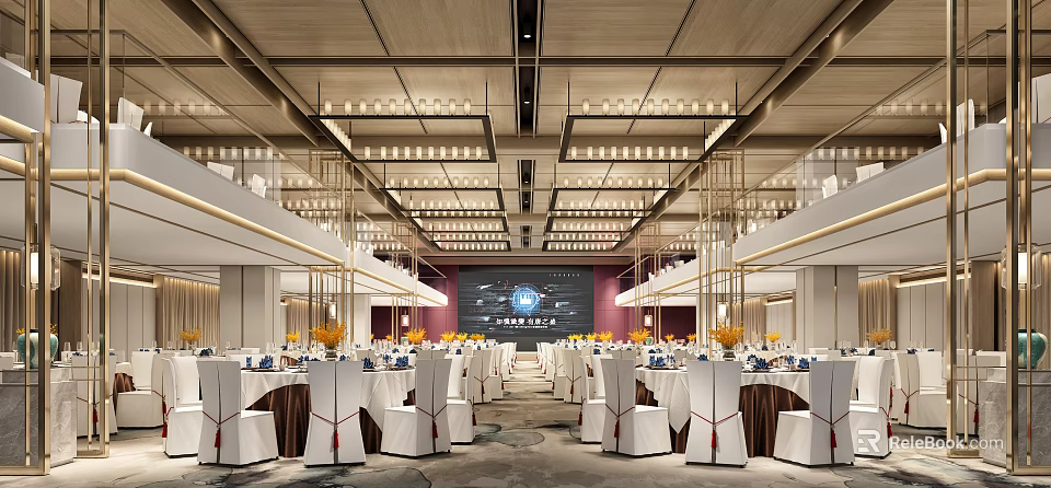 Luxurious Banquet Hall Interior Design With Chandeliers Table Settings And Stage Backdrop 3d model