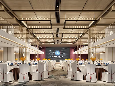 Luxurious Banquet Hall Interior Design With Chandeliers Table Settings And Stage Backdrop 3d model