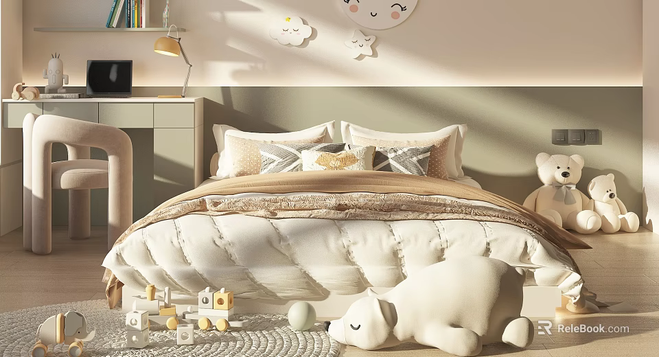 Kids Bed with Soft Quilt Pillows Toys Wall Decorations Desk and Lamp 3d model 