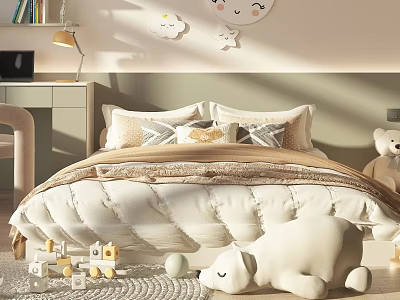 Kids Bed with Soft Quilt Pillows Toys Wall Decorations Desk and Lamp 3d model