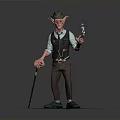 Elderly Man Wearing Brown Hat Vest And Shirt Holding Cane Standing Against Grey Background
