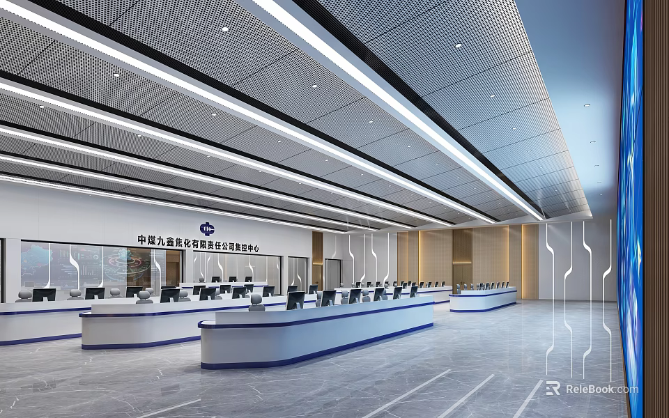 Modern Monitoring Room Interior Design With Control Consoles Multiple Screens And Lighting 3d model 
