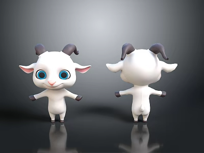 Cartoon Goat Character With White Body Blue Big Eyes And Brown Curved Horns Standing Pose 3d model