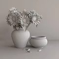 Sunflower Bouquet In Dark Ceramic Vase With Small Clay Pot On Wooden Table