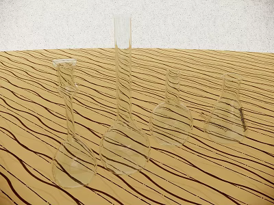 Transparent Medical Glassware With Various Shaped Beakers And Flasks On Wavy Brown Surface 3d model