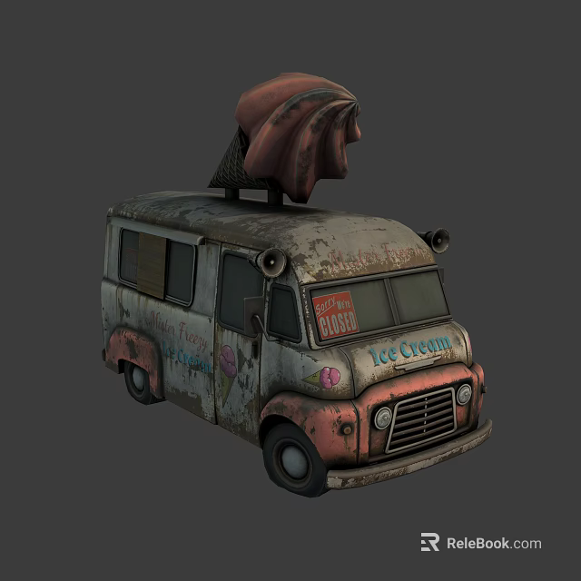 Old Ice Cream Truck With Worn Out Body Graffiti And Large Cone On Top 3d model 