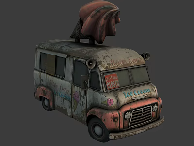 Old Ice Cream Truck With Worn Out Body Graffiti And Large Cone On Top 3d model