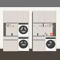 Modern Bathroom Cabinet Unit With Stacked Washing Machines Sink And Toiletries Shelves