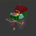 Vintage Baby Stroller With Gray Canopy Red Wheels And Colorful Toys Inside