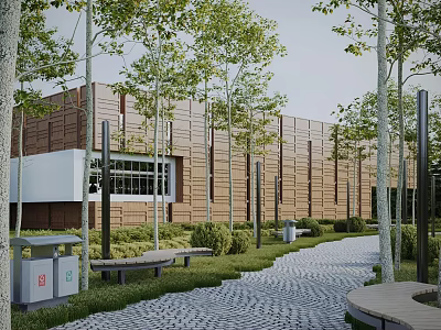 Modern Sales Office Building with Wooden Facade Surrounded by Trees Lawn and Cobblestone Path 3d model