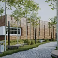 Modern Sales Office Building with Wooden Facade Surrounded by Trees Lawn and Cobblestone Path