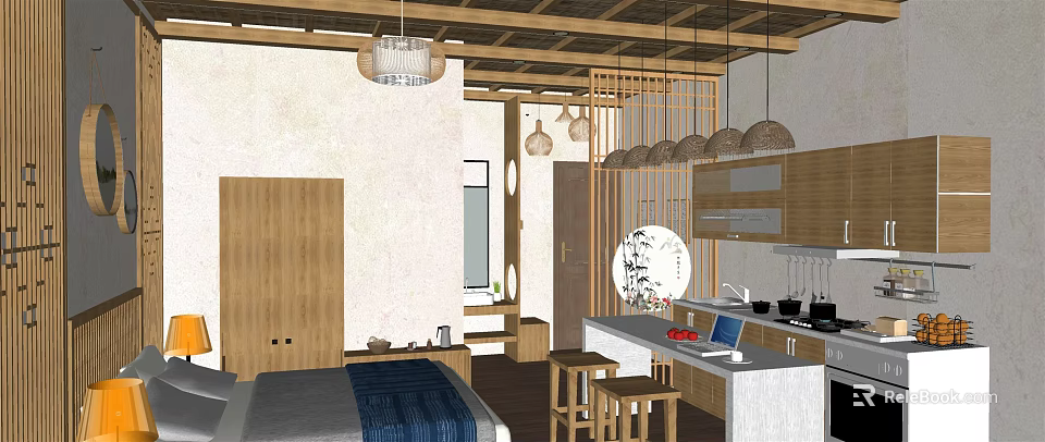 Hotel Guest Room Interior With Wooden Elements Hanging Lamps Screen Worktable Laptop And Fruits 3d model 