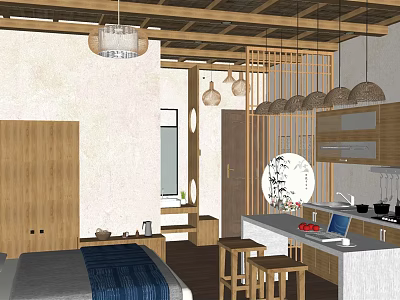 Hotel Guest Room Interior With Wooden Elements Hanging Lamps Screen Worktable Laptop And Fruits 3d model