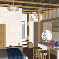 Hotel Guest Room Interior With Wooden Elements Hanging Lamps Screen Worktable Laptop And Fruits