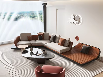 Modern Sofa and Coffee Table Set With Beige Brown Cushions Round Table and Area Rug 3d model