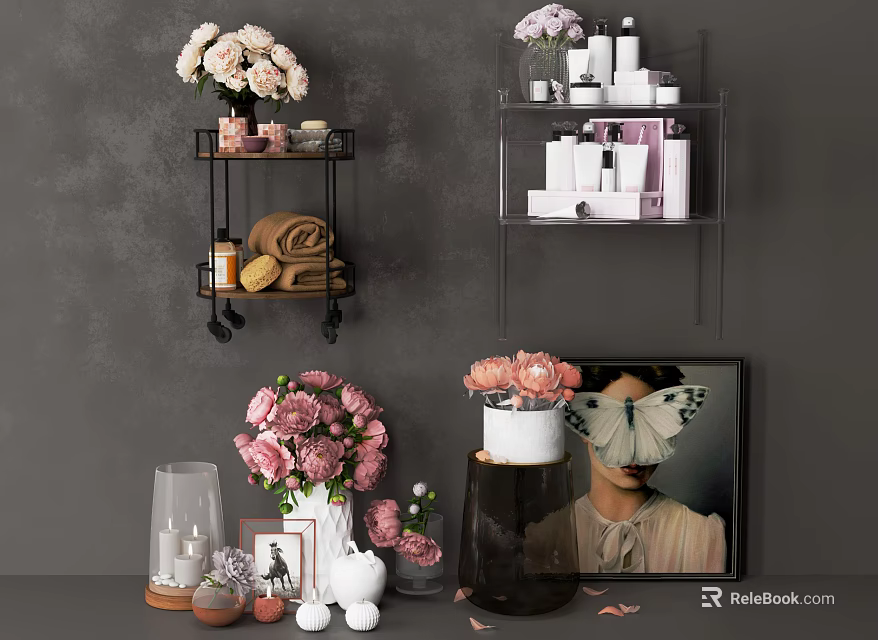 Stylish Bathroom Accessories Display With Wall Shelves Skincare Bottles Towel And Pink Floral Decor 3d model 