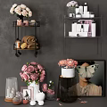 Stylish Bathroom Accessories Display With Wall Shelves Skincare Bottles Towel And Pink Floral Decor