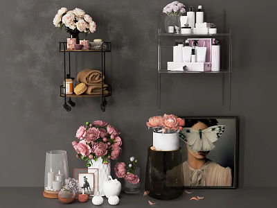 Stylish Bathroom Accessories Display With Wall Shelves Skincare Bottles Towel And Pink Floral Decor 3d model