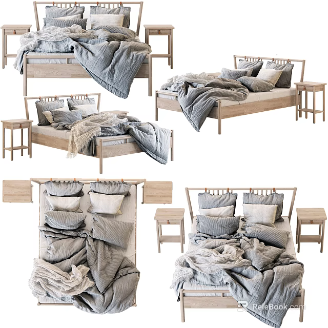 Simple Wooden Double Bed With Gray Bedding Pillows And Nightstands 3d model