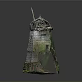 Ancient Stone Windmill Model With Damaged Tower And Surrounding Green Plants