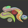 Colorful Abstract Cartoon Scene With Blue Orange White Green Flowing Wavy Lines Spheres Shell Shapes