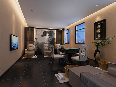 Serene SPA Sauna Interior Design With Cozy Sofa TV Table Chairs Windows And Towel Baskets 3d model