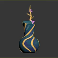 Artistic Sculpted Vase with Blue and Gold Stripes and Pink Flowers in Unique Curved Design